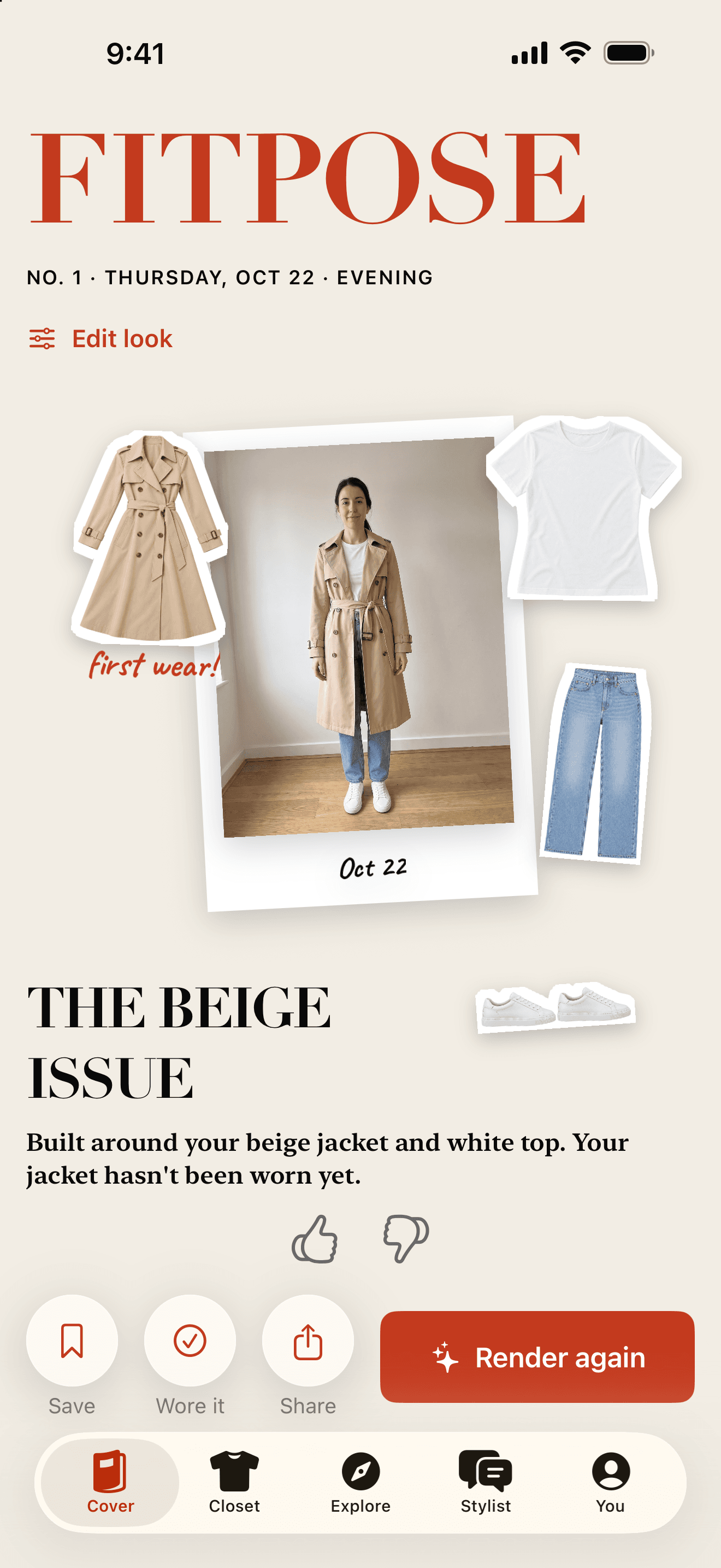 Fitpose cover screen: the FITPOSE masthead, a polaroid of the reader wearing a trench coat, white T-shirt and jeans, those pieces as stickers, and the cover line The beige issue