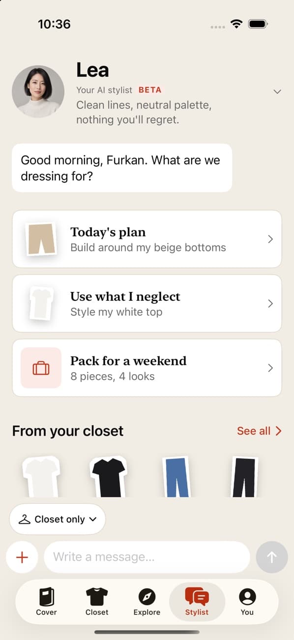 Fitpose stylist screen: chat with Lea, with suggestions built from the closet