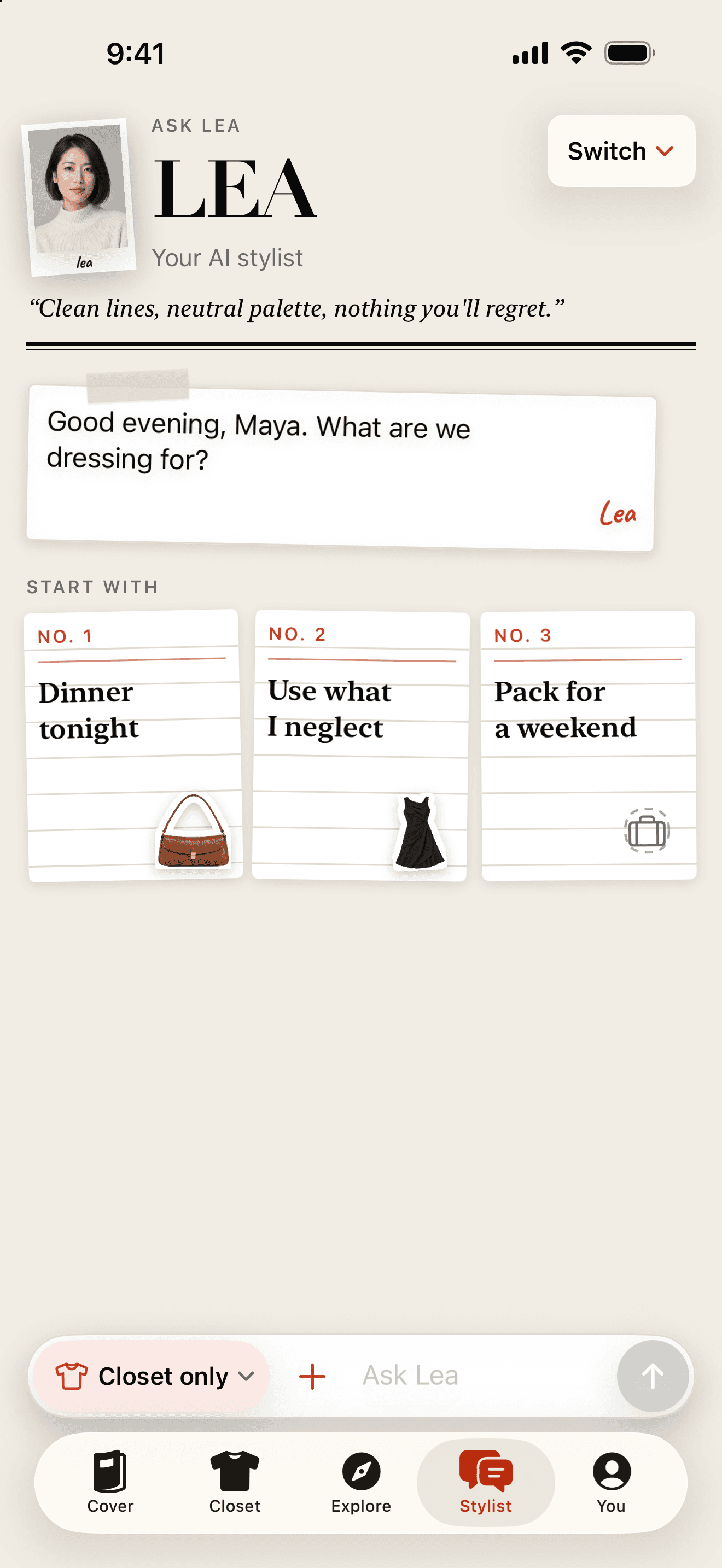 Fitpose stylist screen: Lea, an AI stylist, asks what you are dressing for and offers three starting points: dinner tonight, use what I neglect, pack for a weekend